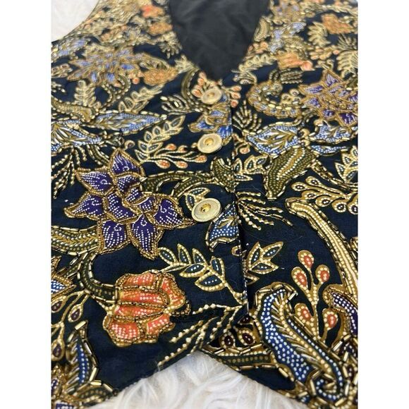 Theo Vintage Whimsical Beaded Floral Bird Three Button Women’s Blue Vest Medium - Picture 6 of 9